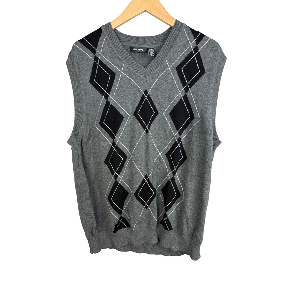 Claiborne Argyle Sweater Vest Men's‎ XLT Gray V-Neck Grandpa Core